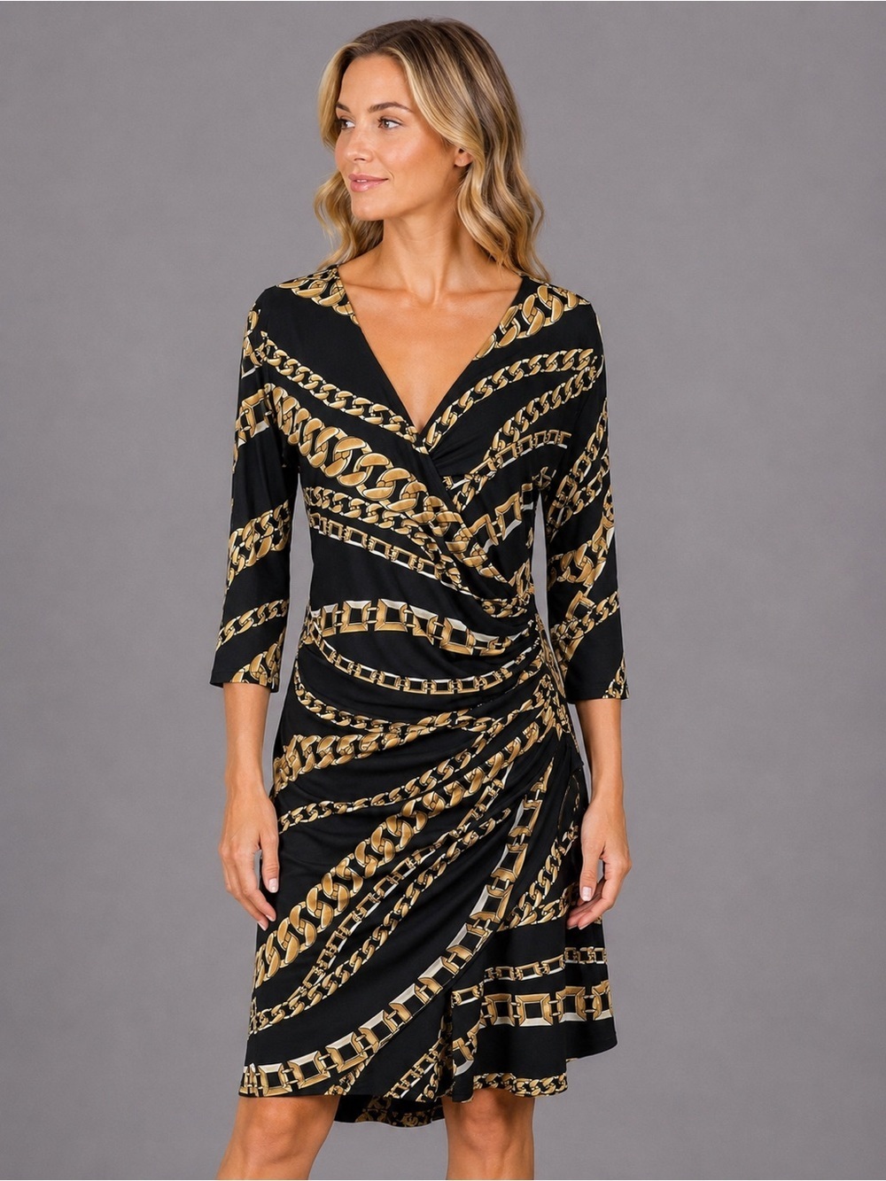 VTG Janine Size L Faux Wrap Dress Chain link Midi Couture Cocktail Gala Sheath